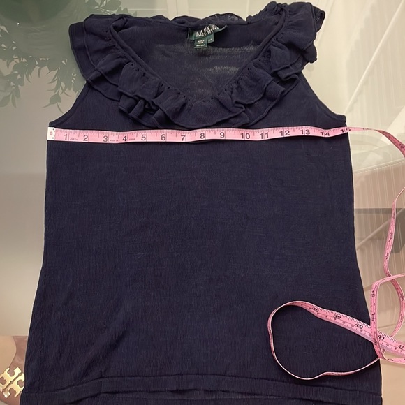 100% Silk Lauren Ralph Lauren Ruffle Sleeveless Tank Top PM EUC Navy Blue CUTE - Picture 11 of 15